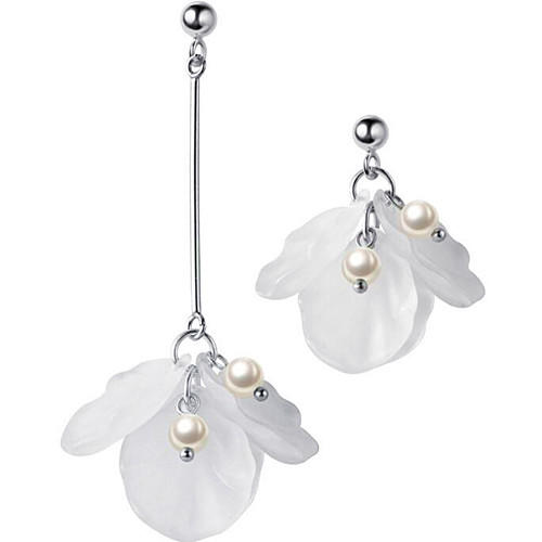 Long drop white flower petals and pearl 925 sterling silver earrings for women wholesale